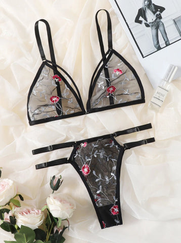 Women Lingerie Sets Underwear Embroidery Flower Lace Bra Thong Lingerie Set Thongs Mesh Translucent Ultrathin Underwear Lingerie