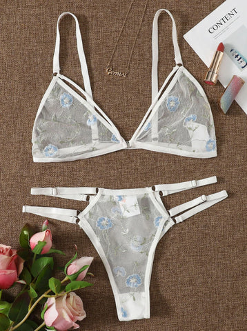 Women Lingerie Sets Underwear Embroidery Flower Lace Bra Thong Lingerie Set Thongs Mesh Translucent Ultrathin Underwear Lingerie