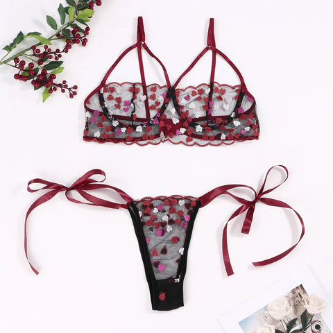 Free Shiping Love Embroidery Bra G-string Thong Sleepwear Sexy Lingerie For Women Plus Size Lingerie Bandage Women's lingerie