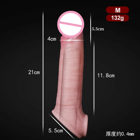 8.66 Inch penis sleeve large realistic reusable condoms cock rings extender penis sleeve with scrotal ring soft dick enlarger