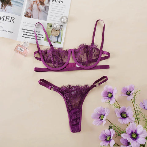 Ladies Sexy Lingerie Set Erotic Lingerie Lace Underwire Bra Set Erotic Exotic Lingerie Fashion Perspective Bra Thong Set