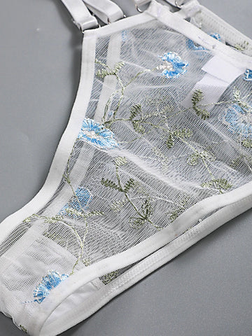 Women Lingerie Sets Underwear Embroidery Flower Lace Bra Thong Lingerie Set Thongs Mesh Translucent Ultrathin Underwear Lingerie