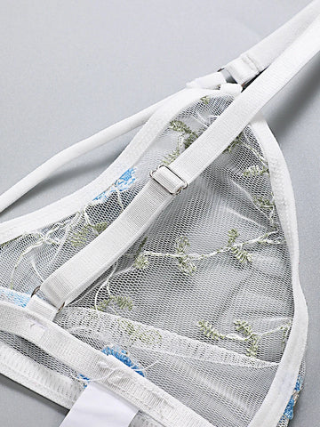 Women Lingerie Sets Underwear Embroidery Flower Lace Bra Thong Lingerie Set Thongs Mesh Translucent Ultrathin Underwear Lingerie
