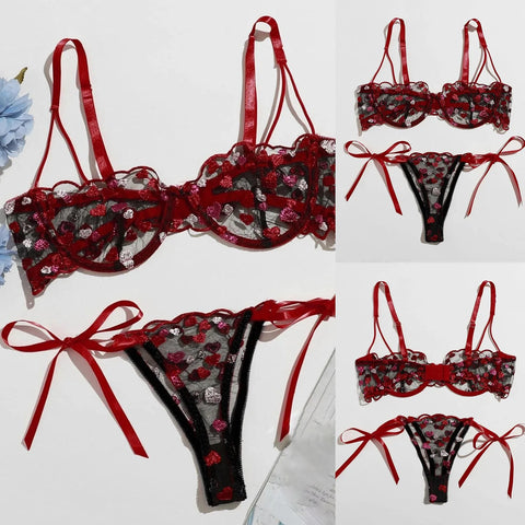 Free Shiping Love Embroidery Bra G-string Thong Sleepwear Sexy Lingerie For Women Plus Size Lingerie Bandage Women's lingerie