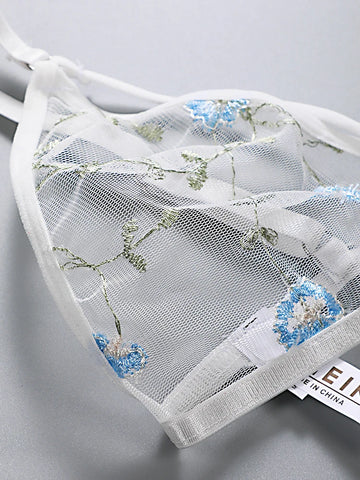 Women Lingerie Sets Underwear Embroidery Flower Lace Bra Thong Lingerie Set Thongs Mesh Translucent Ultrathin Underwear Lingerie