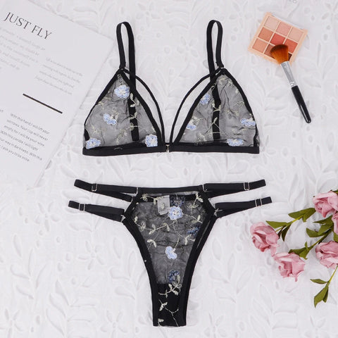 Women Lingerie Sets Underwear Embroidery Flower Lace Bra Thong Lingerie Set Thongs Mesh Translucent Ultrathin Underwear Lingerie