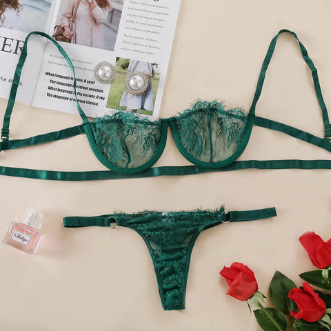Ladies Sexy Lingerie Set Erotic Lingerie Lace Underwire Bra Set Erotic Exotic Lingerie Fashion Perspective Bra Thong Set