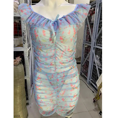 Lingerie Ultra Sexy Bra And Thong Set Ruffled Transparent Short Dress Sexy Floral Mesh Print Nightgowns Lingerie Erotic Pajamas