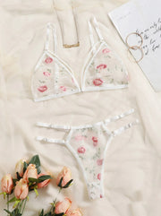 Women Lingerie Sets Underwear Embroidery Flower Lace Bra Thong Lingerie Set Thongs Mesh Translucent Ultrathin Underwear Lingerie
