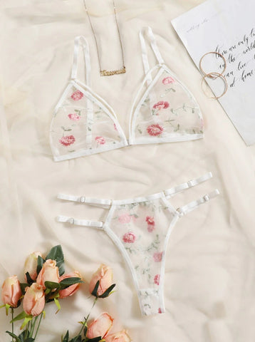 Women Lingerie Sets Underwear Embroidery Flower Lace Bra Thong Lingerie Set Thongs Mesh Translucent Ultrathin Underwear Lingerie