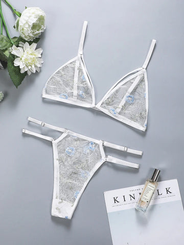 Women Lingerie Sets Underwear Embroidery Flower Lace Bra Thong Lingerie Set Thongs Mesh Translucent Ultrathin Underwear Lingerie