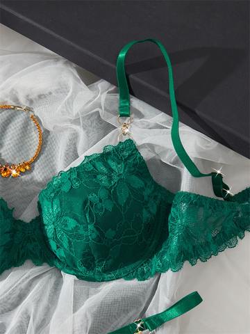 Women Lace Lingerie Ultra Sexy French Thin Bra Sets Intimate Exotic Sets Luxury Erotic Lingerie Dark Green Youth Sexy Lingerie