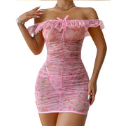 Lingerie Ultra Sexy Bra And Thong Set Ruffled Transparent Short Dress Sexy Floral Mesh Print Nightgowns Lingerie Erotic Pajamas