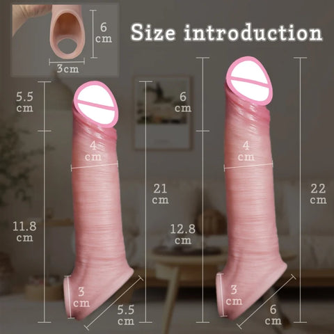 8.66 Inch penis sleeve large realistic reusable condoms cock rings extender penis sleeve with scrotal ring soft dick enlarger
