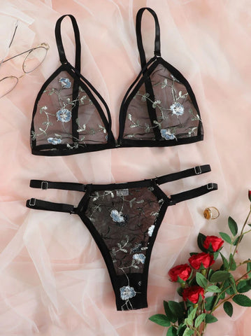 Women Lingerie Sets Underwear Embroidery Flower Lace Bra Thong Lingerie Set Thongs Mesh Translucent Ultrathin Underwear Lingerie