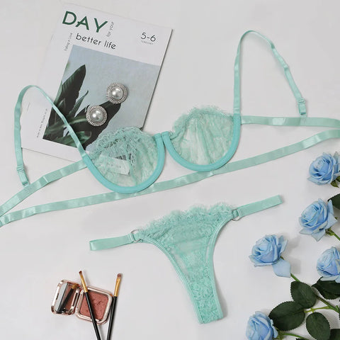 Ladies Sexy Lingerie Set Erotic Lingerie Lace Underwire Bra Set Erotic Exotic Lingerie Fashion Perspective Bra Thong Set