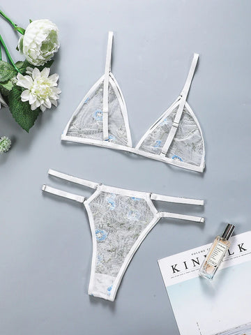 Women Lingerie Sets Underwear Embroidery Flower Lace Bra Thong Lingerie Set Thongs Mesh Translucent Ultrathin Underwear Lingerie