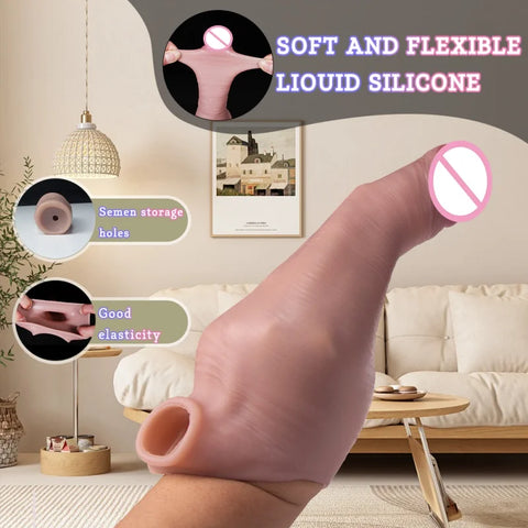 8.66 Inch penis sleeve large realistic reusable condoms cock rings extender penis sleeve with scrotal ring soft dick enlarger